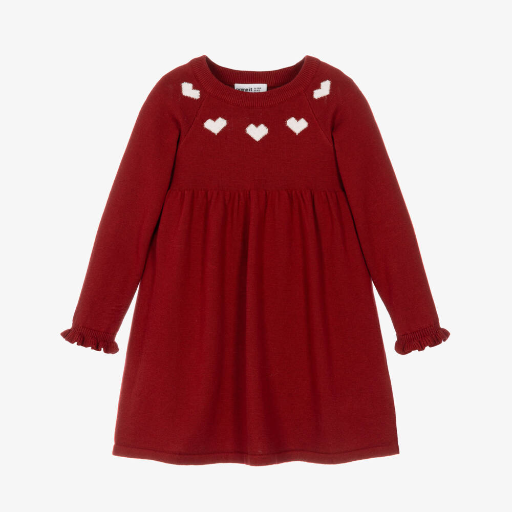 NAME IT-Girls Red Organic Cotton Knitted Dress with Hearts | Childrensalon
