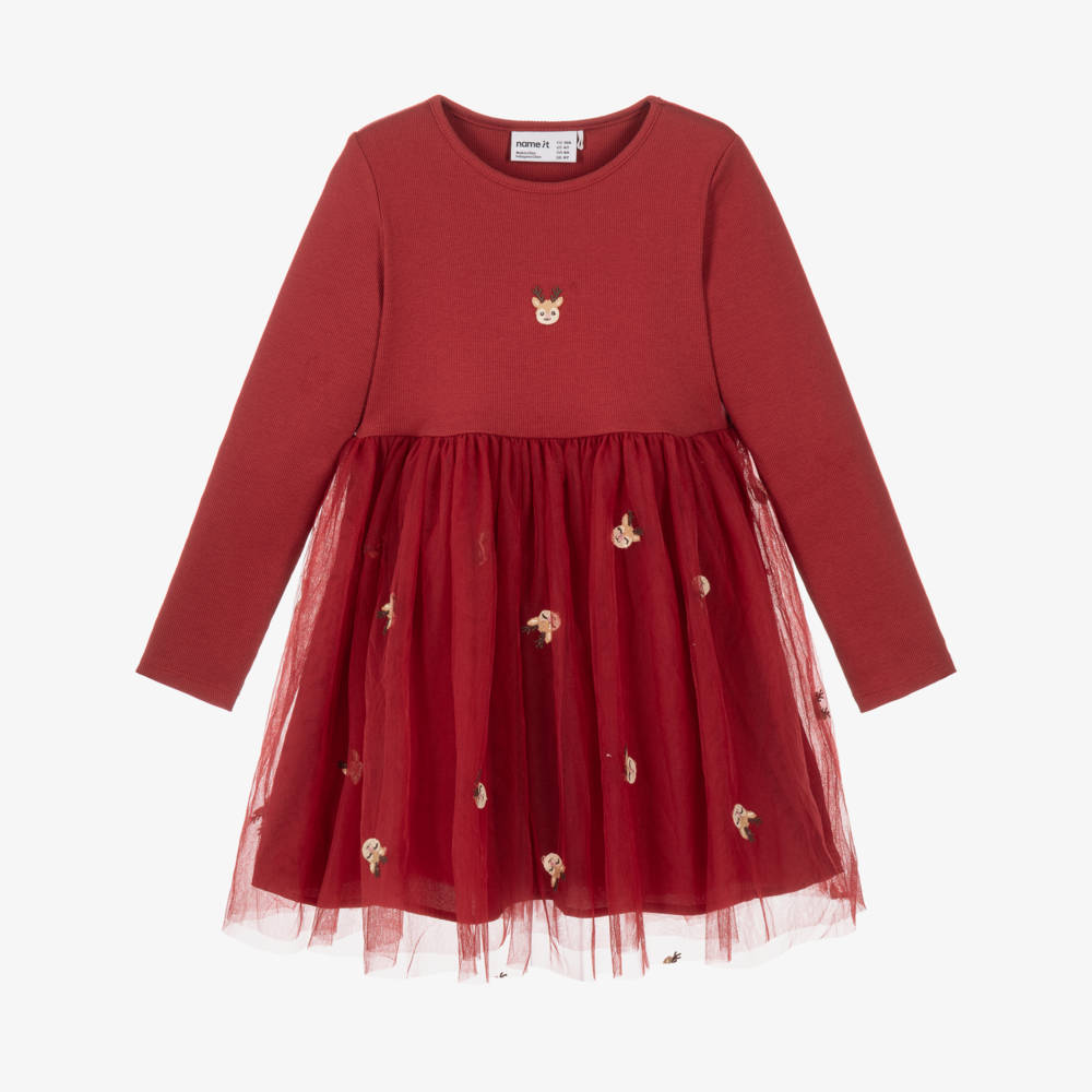 NAME IT-Girls Red Reindeer Embroidery Dress | Childrensalon