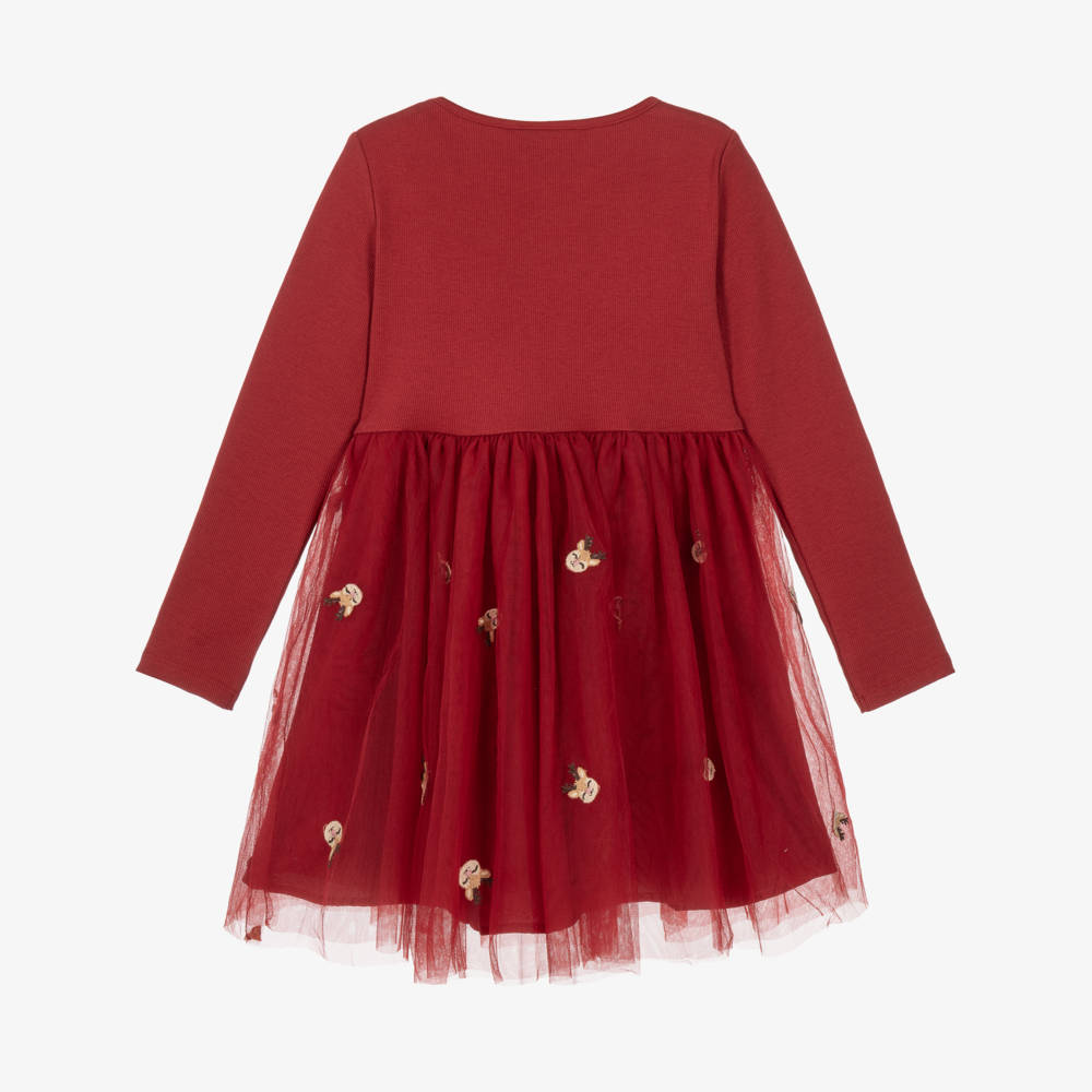 NAME IT-Girls Red Reindeer Embroidery Dress | Childrensalon