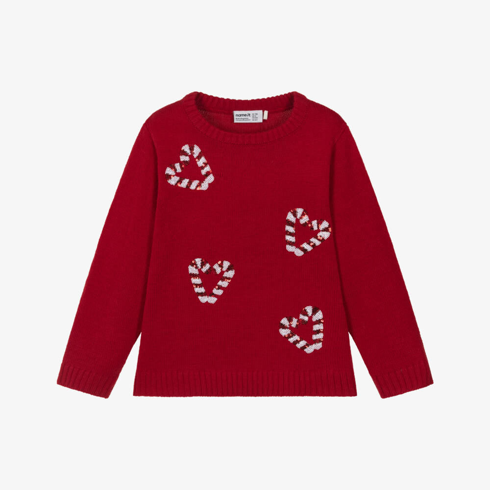 NAME IT-Girls Red Sequinned Candy Cane Knitted Sweater | Childrensalon