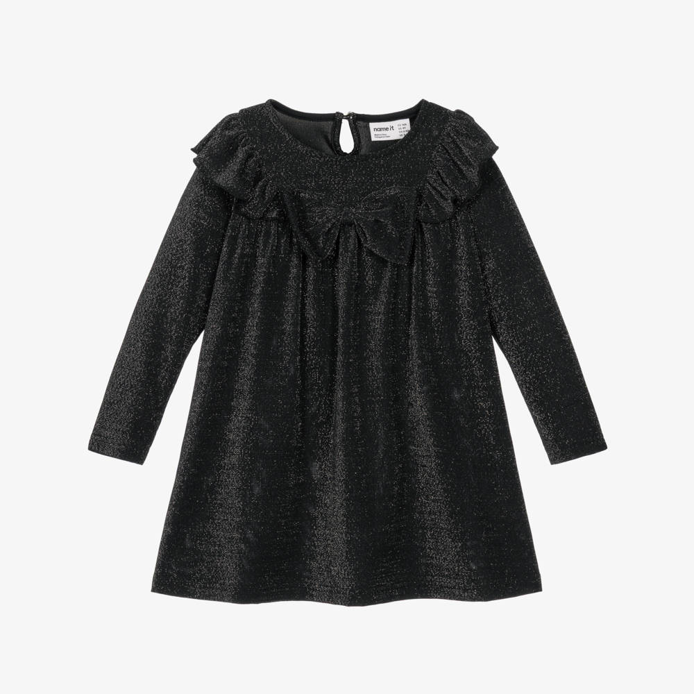 NAME IT-Girls Shimmery Black Lurex Dress with Bow | Childrensalon