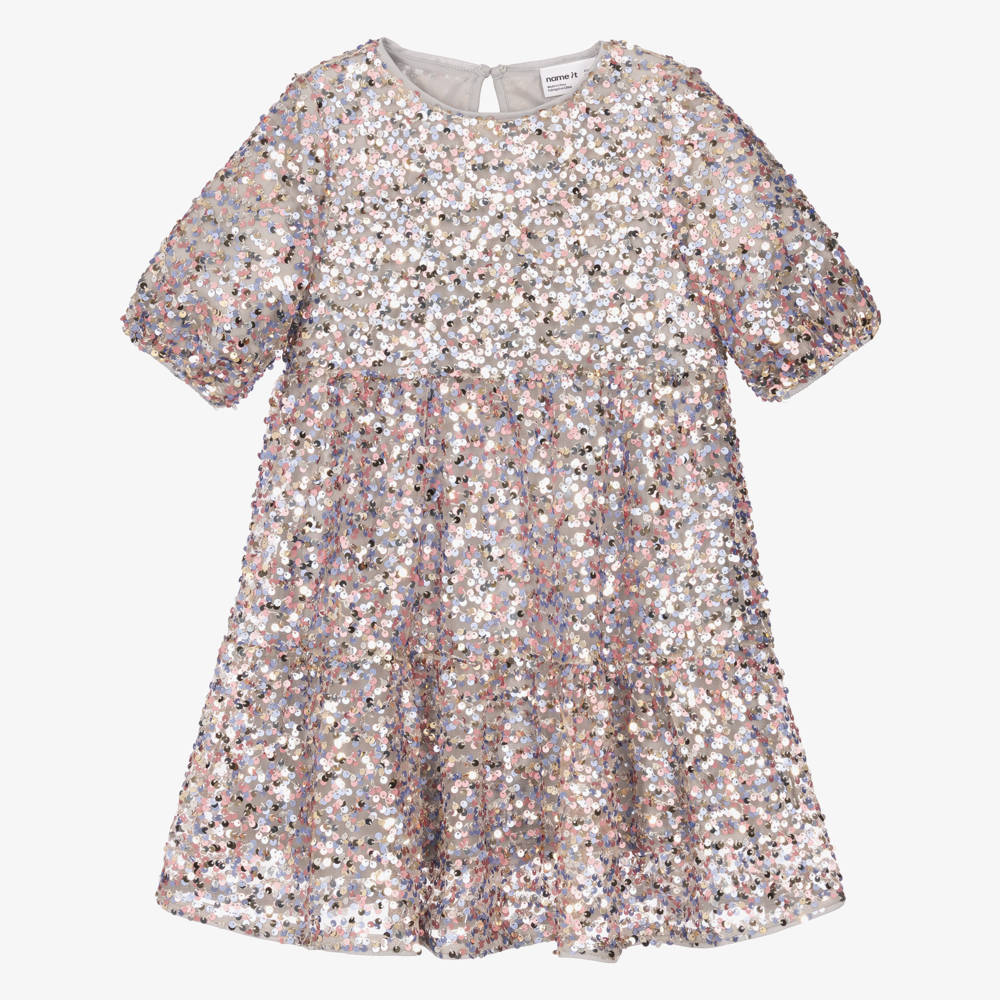 NAME IT-Girls Silver Sequinned Tulle Dress | Childrensalon