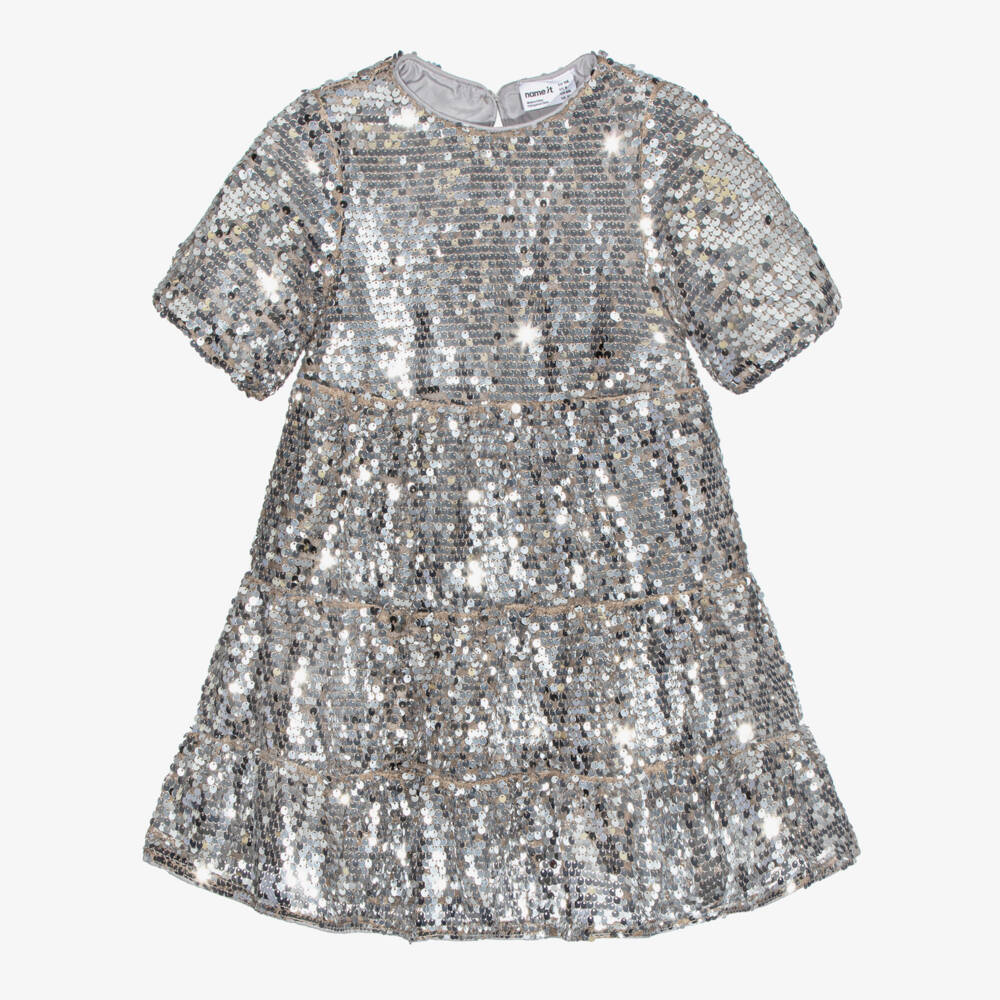 NAME IT-Girls Silver Tiered Dress with Sparkly Sequins | Childrensalon