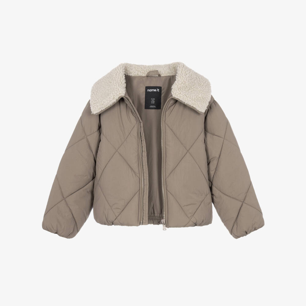 NAME IT-Girls Taupe Brown Quilted Puffer Jacket | Childrensalon