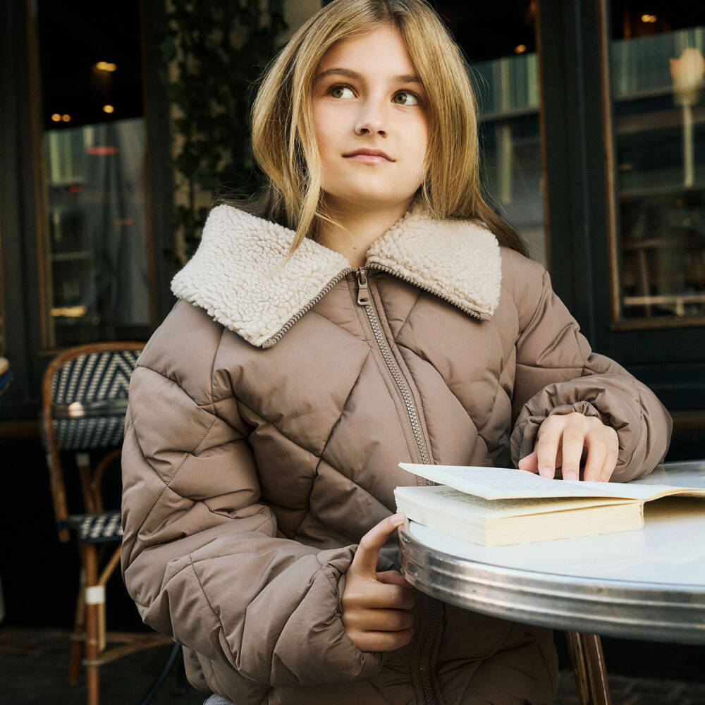 NAME IT-Girls Taupe Brown Quilted Puffer Jacket | Childrensalon