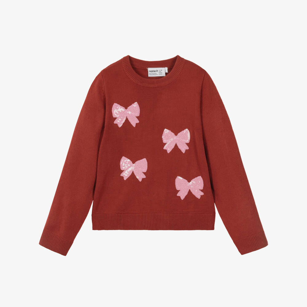 NAME IT-Girls Terracotta Red Sweater With Pink Bows | Childrensalon