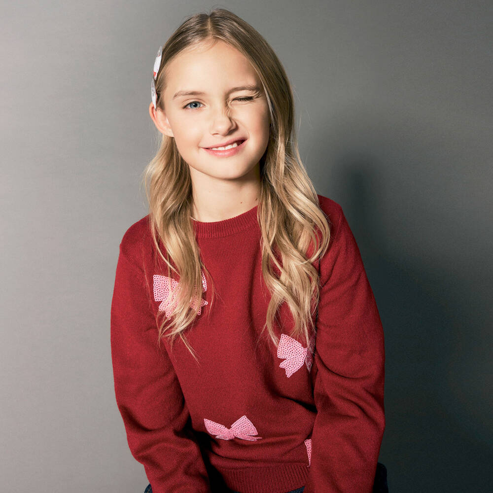 NAME IT-Girls Terracotta Red Sweater With Pink Bows | Childrensalon