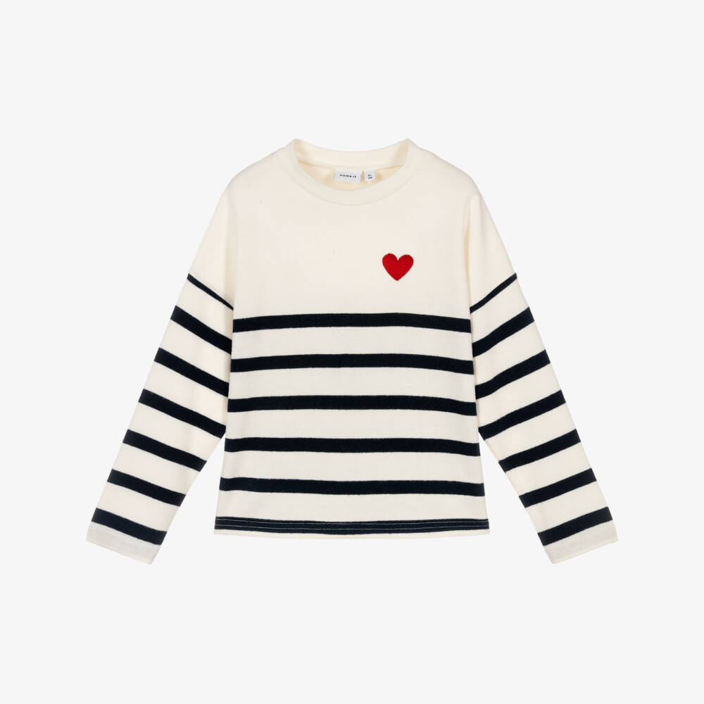 NAME IT-Girls White Breton Stripe Sweater with Embroidered Heart | Childrensalon