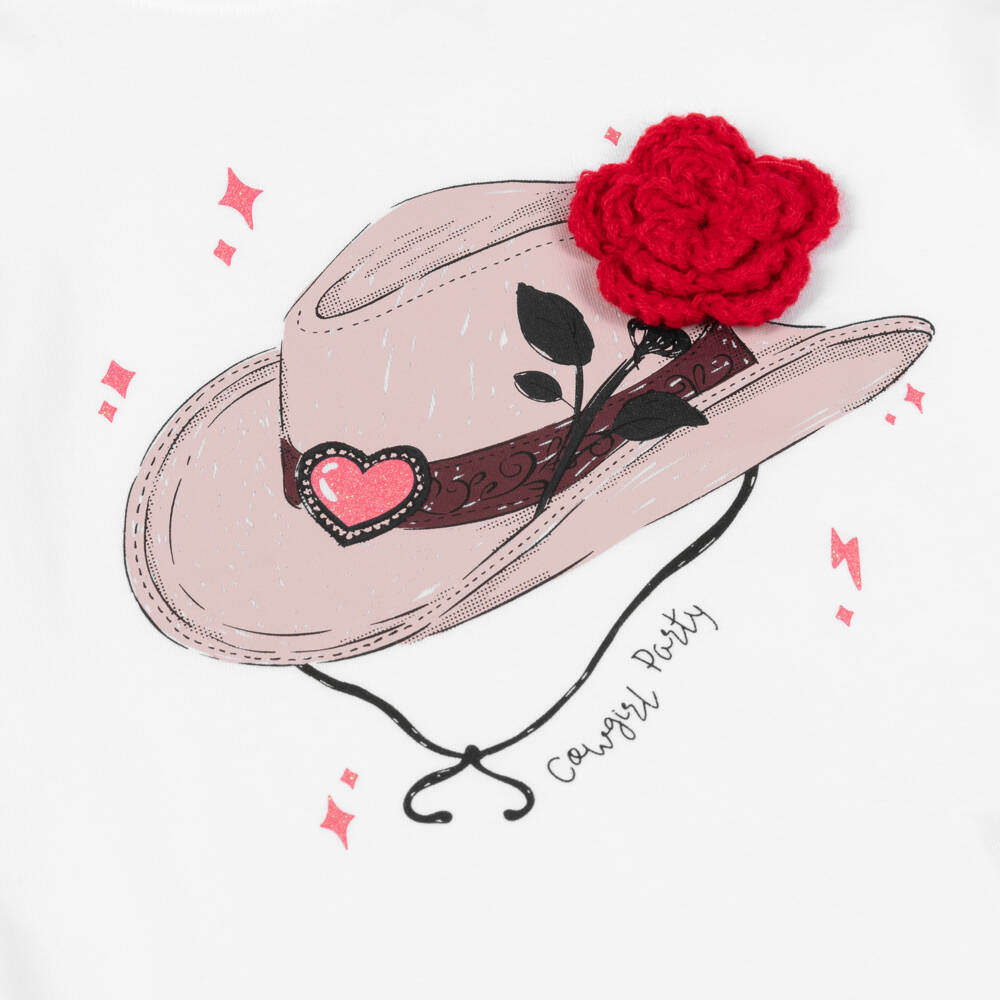 NAME IT-Girls White Cotton Cowboy Hat T-shirt with Flower Appliqué | Childrensalon