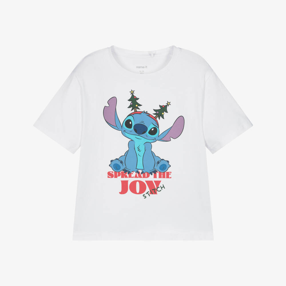 NAME IT-Girls White Cotton Festive Stitch T-Shirt | Childrensalon