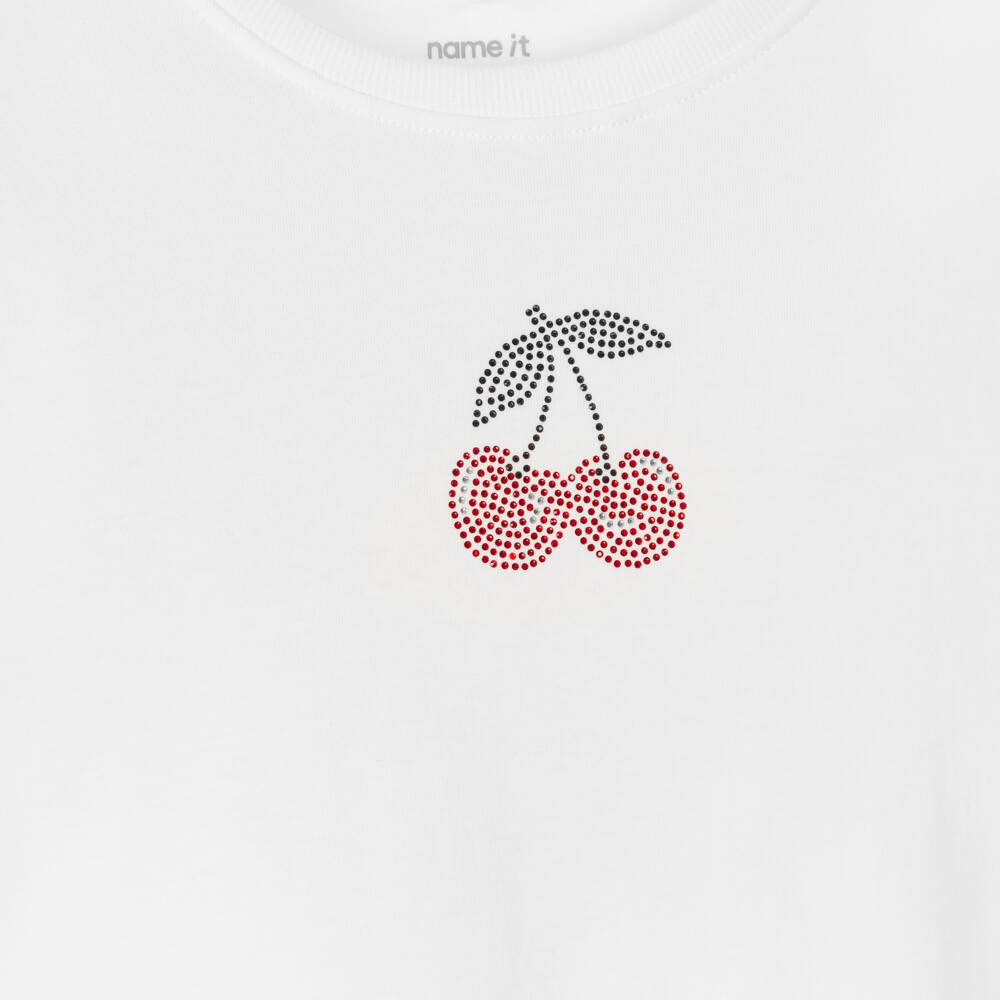 NAME IT-Girls White Cotton T-Shirt with Diamanté Cherries | Childrensalon