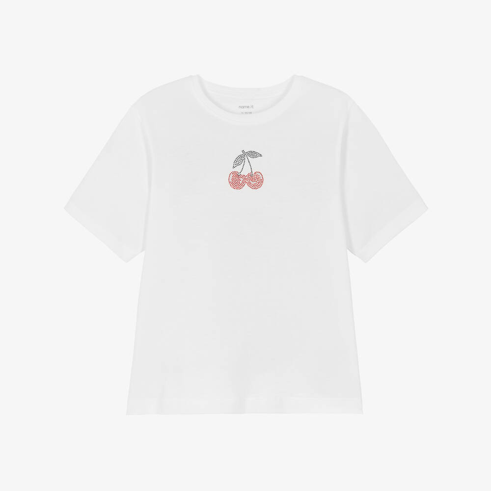 NAME IT-Girls White Cotton T-Shirt with Diamanté Cherries | Childrensalon