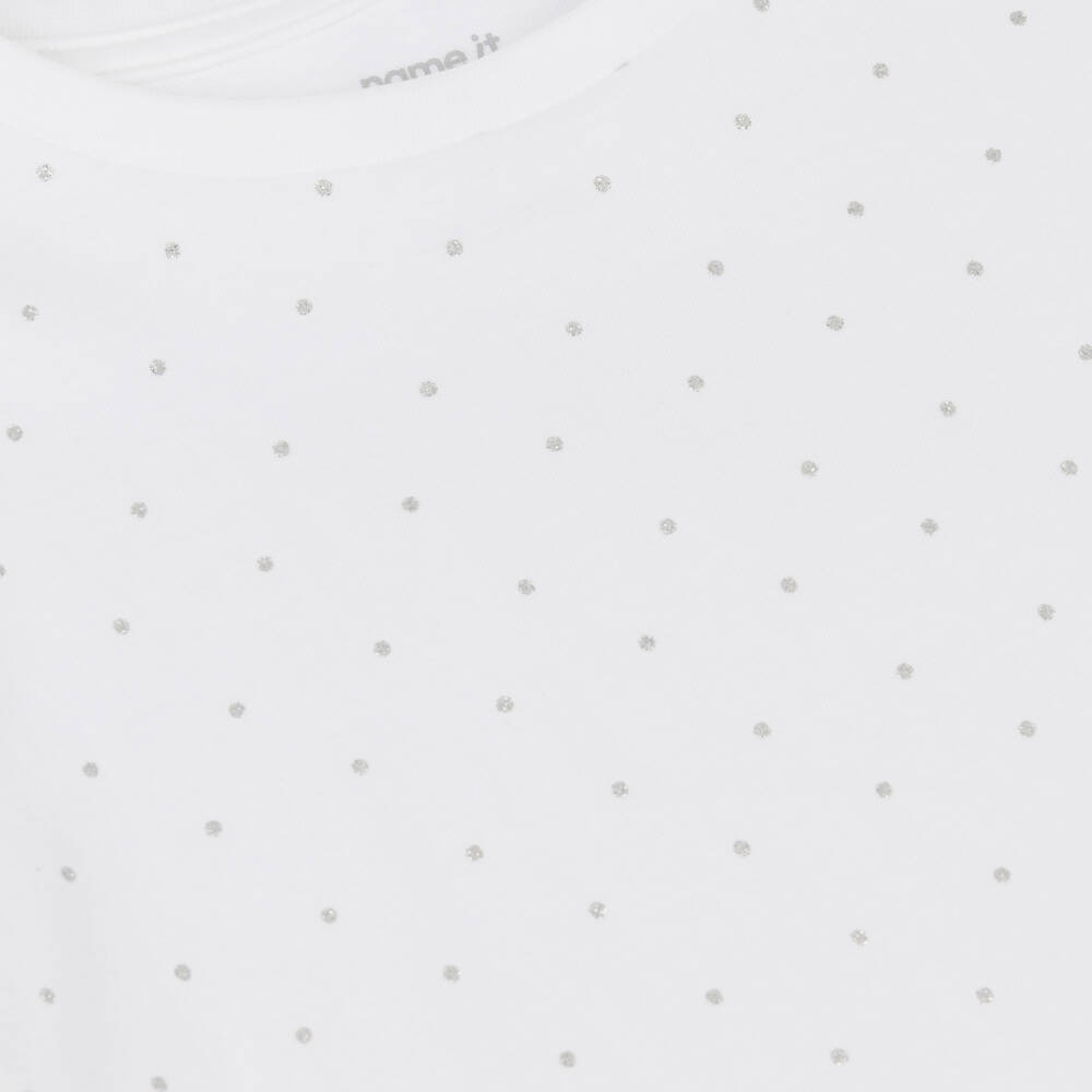 NAME IT-Girls White Cotton T-Shirt with Glittery Silver Polka Dots | Childrensalon
