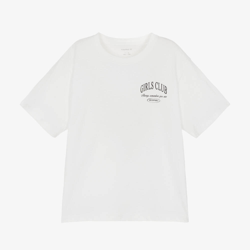 NAME IT-Girls White Organic Cotton T-Shirt with Girls Club Graphic | Childrensalon