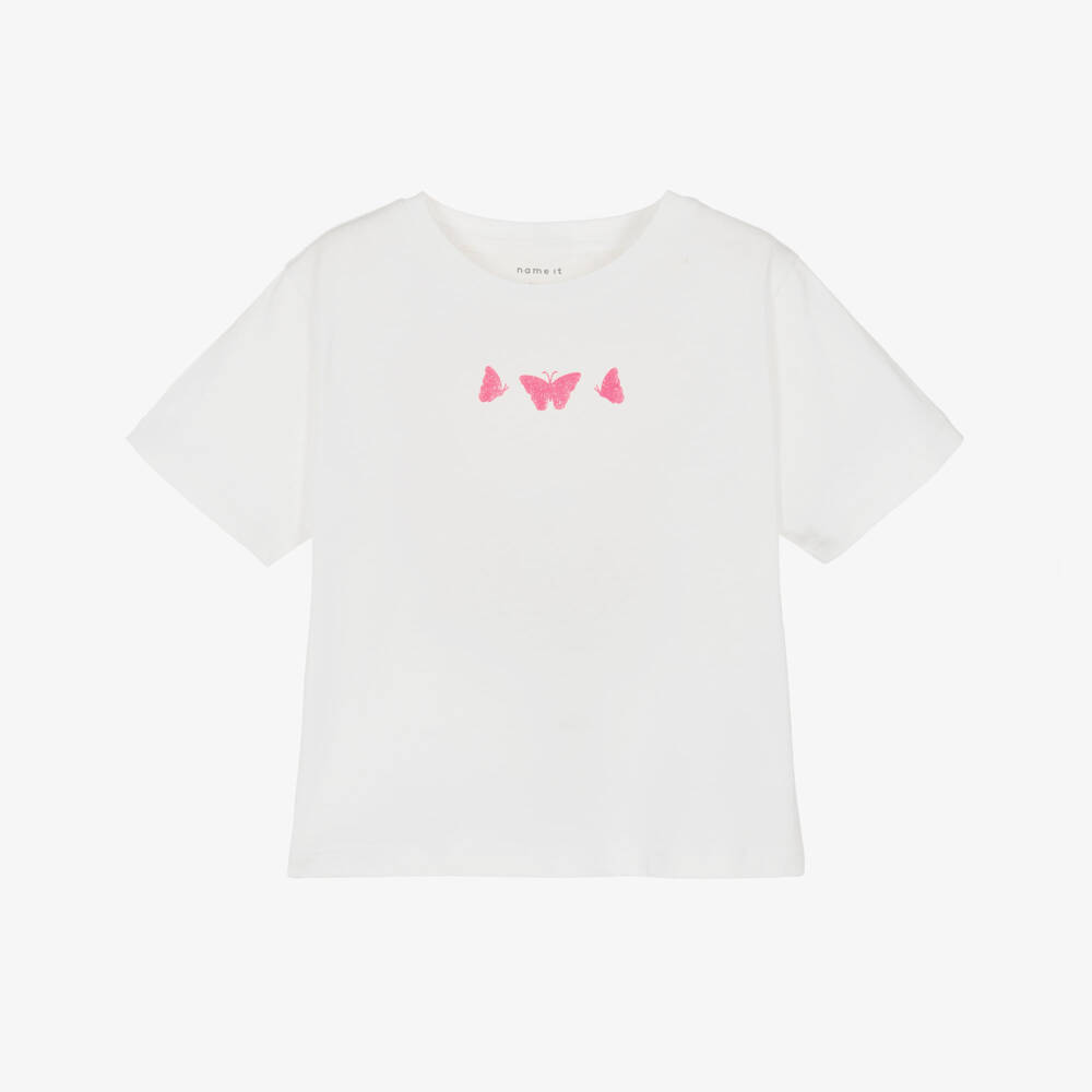 NAME IT-Girls White Organic Cotton T-Shirt with Pink Butterflies | Childrensalon