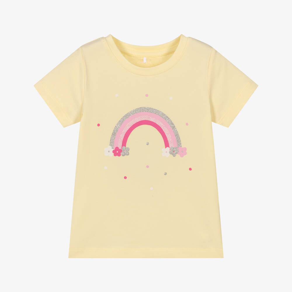 NAME IT-Girls Yellow Organic Cotton Rainbow Print T-Shirt | Childrensalon
