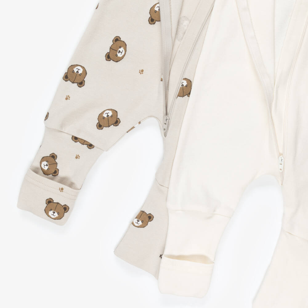 NAME IT-Ivory & Beige Cotton Teddy Bear Babygrows (2 Pack) | Childrensalon
