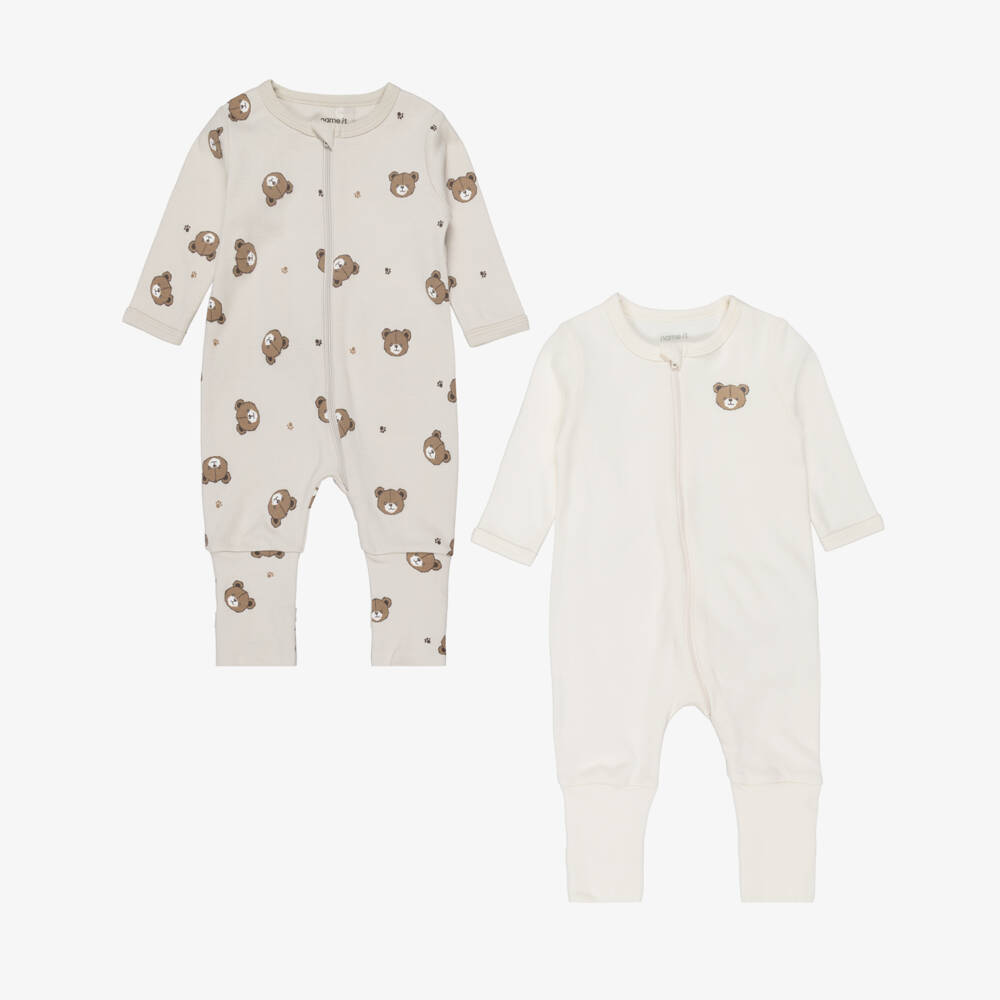 NAME IT-Ivory & Beige Cotton Teddy Bear Babygrows (2 Pack) | Childrensalon