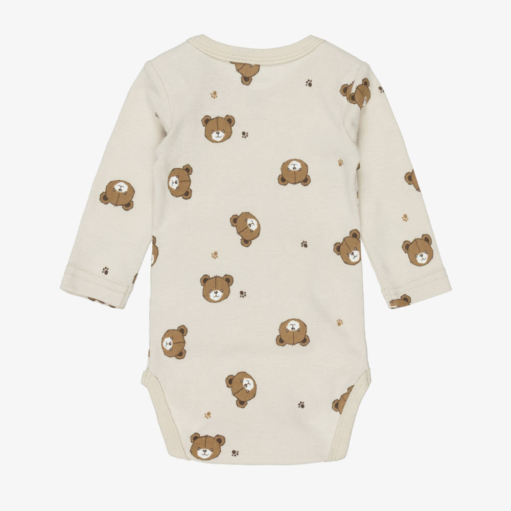 NAME IT-Ivory & Beige Cotton Teddy Bear Print Bodyvests (3 Pack) | Childrensalon