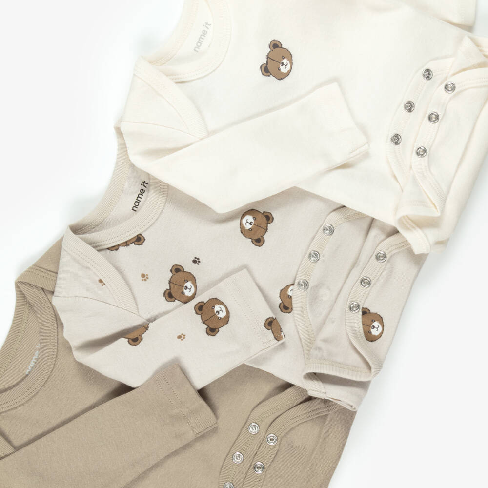 NAME IT-Ivory & Beige Cotton Teddy Bear Print Bodyvests (3 Pack) | Childrensalon