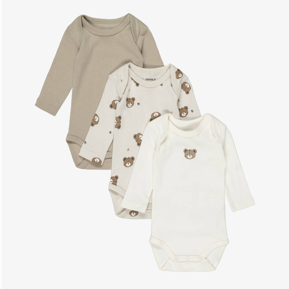 NAME IT-Ivory & Beige Cotton Teddy Bear Print Bodyvests (3 Pack) | Childrensalon