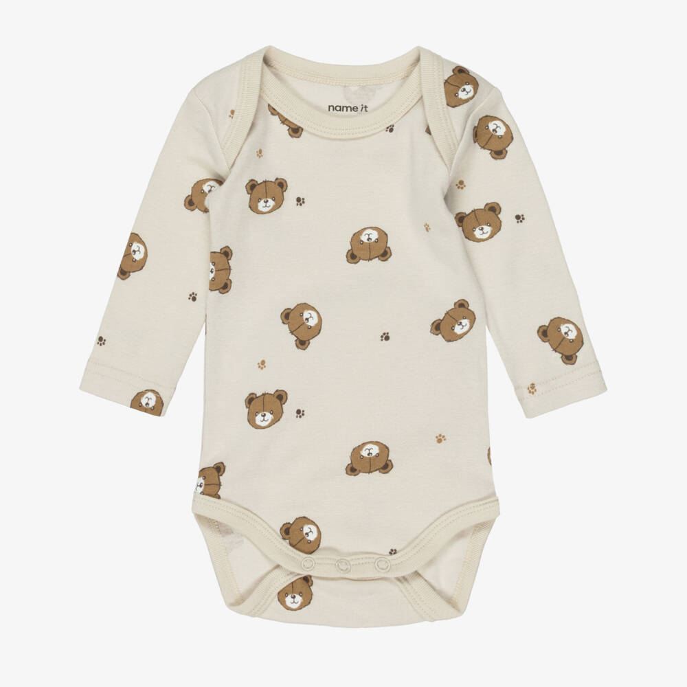 NAME IT-Ivory & Beige Cotton Teddy Bear Print Bodyvests (3 Pack) | Childrensalon