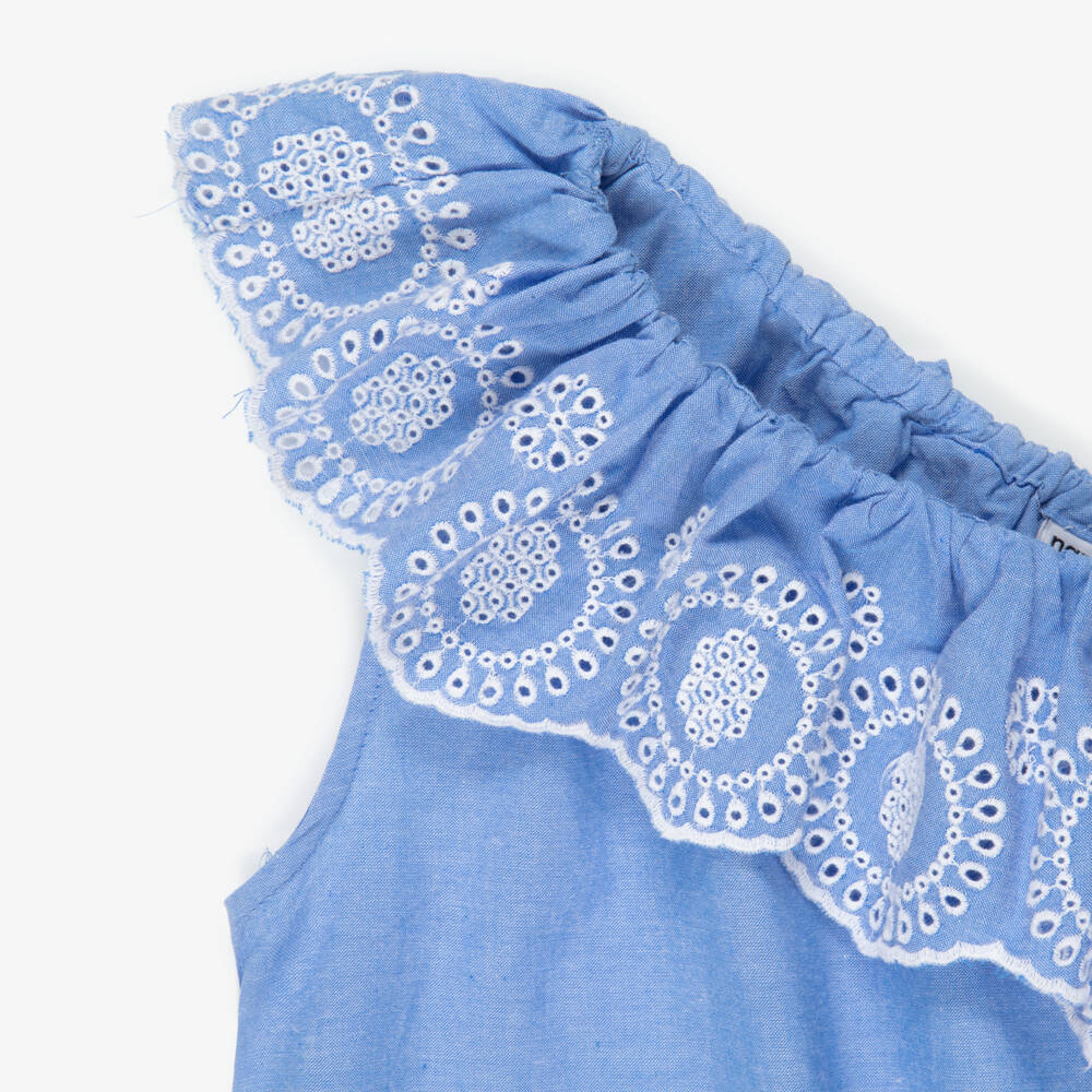 NAME IT-Junior Girls Blue Asymmetric Chambray Top with Broderie Trim | Childrensalon