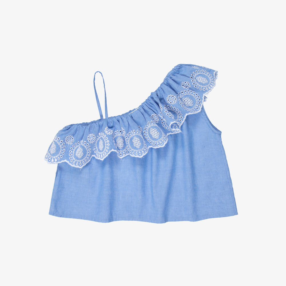 NAME IT-Junior Girls Blue Asymmetric Chambray Top with Broderie Trim | Childrensalon