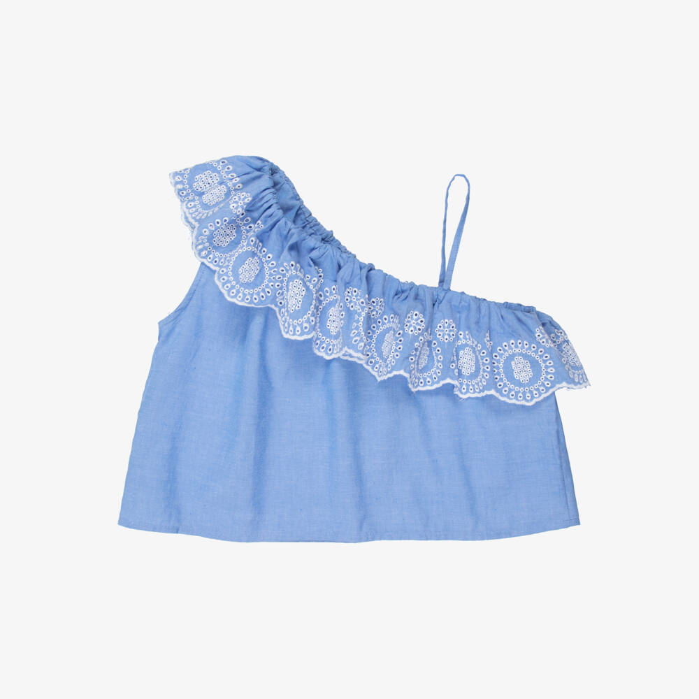 NAME IT-Junior Girls Blue Asymmetric Chambray Top with Broderie Trim | Childrensalon