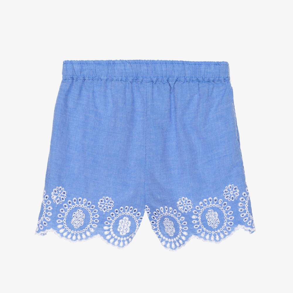 NAME IT-Junior Girls Blue Chambray Shorts with Broderie Detail | Childrensalon
