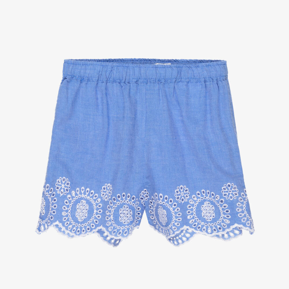 NAME IT-Junior Girls Blue Chambray Shorts with Broderie Detail | Childrensalon