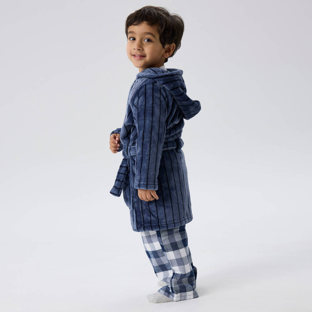 NAME IT-Mid Blue Plush Dressing Gown with Navy Blue Stripes | Childrensalon