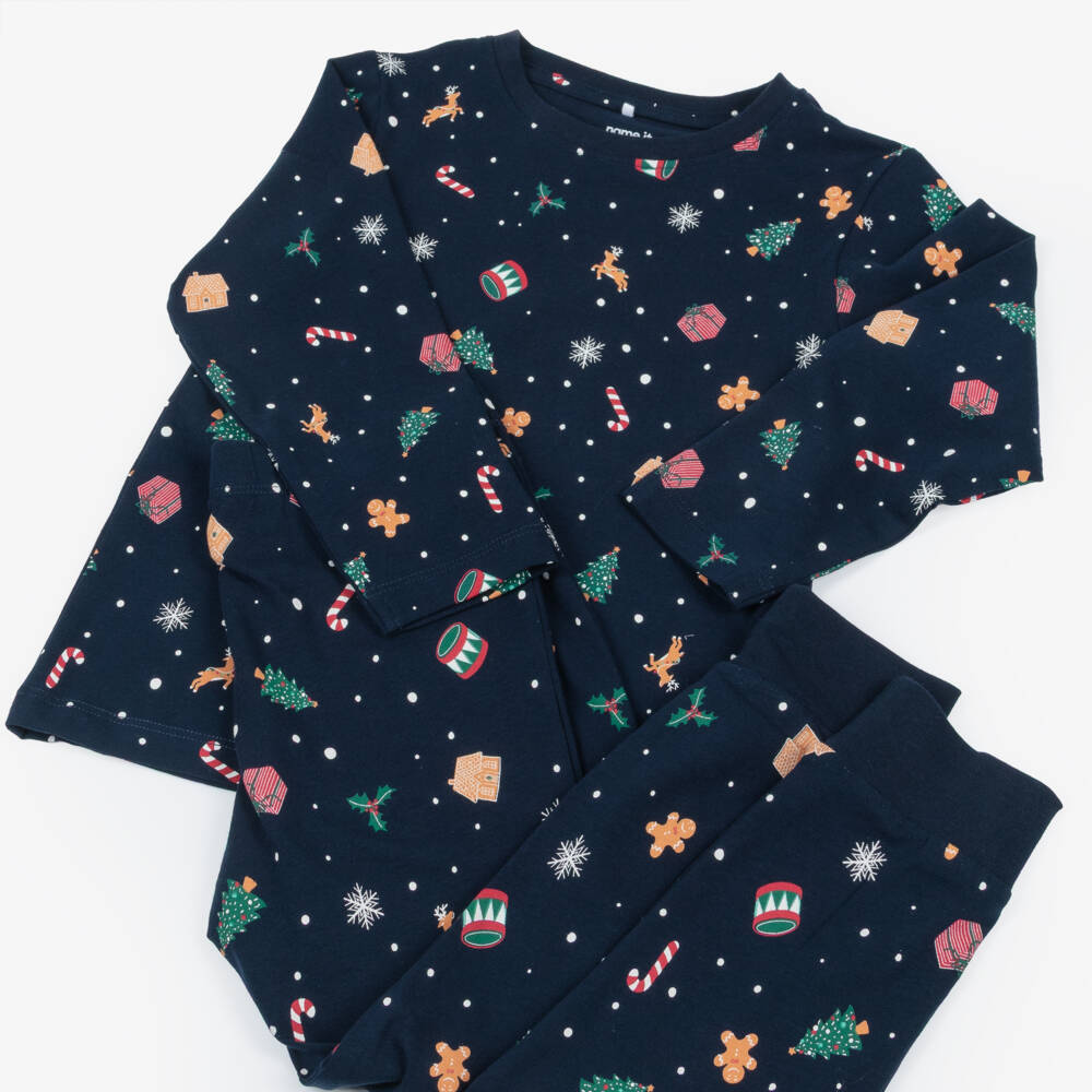 NAME IT-Navy Blue Cotton Jersey Festive Print Long Pyjamas | Childrensalon