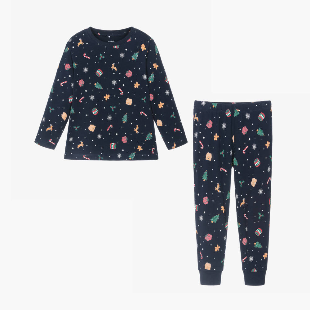 NAME IT-Navy Blue Cotton Jersey Festive Print Long Pyjamas | Childrensalon