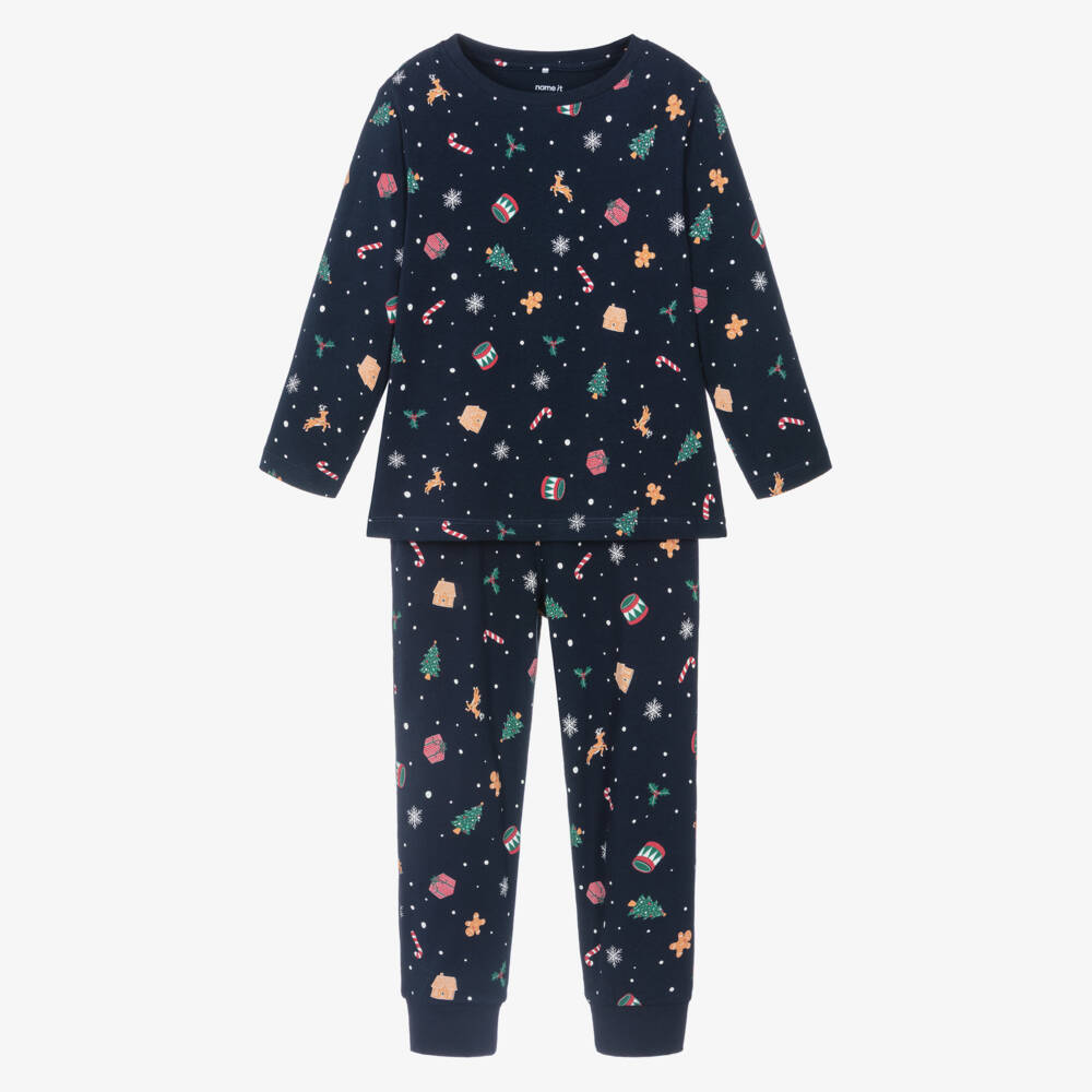 NAME IT-Navy Blue Cotton Jersey Festive Print Long Pyjamas | Childrensalon