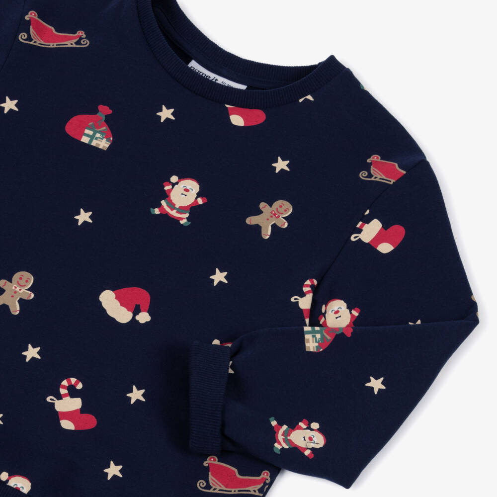 NAME IT-Navy Blue Organic Cotton Festive Print Sweatshirt | Childrensalon
