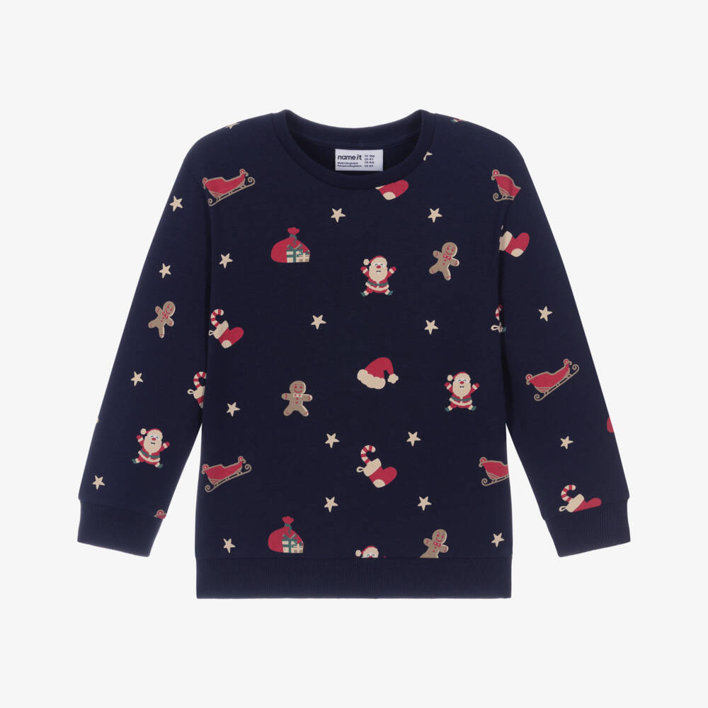 NAME IT-Navy Blue Organic Cotton Festive Print Sweatshirt | Childrensalon