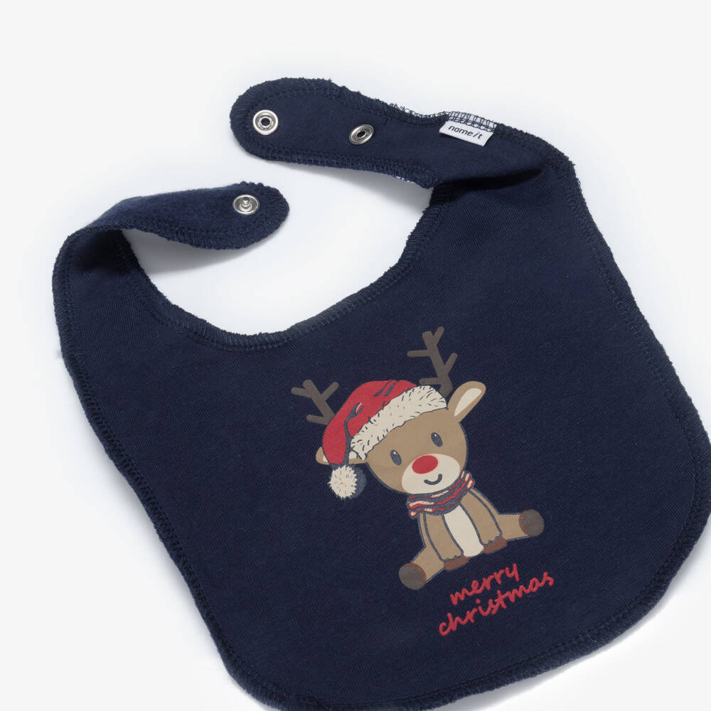 NAME IT-Navy Blue Organic Cotton Festive Reindeer Print Bib | Childrensalon