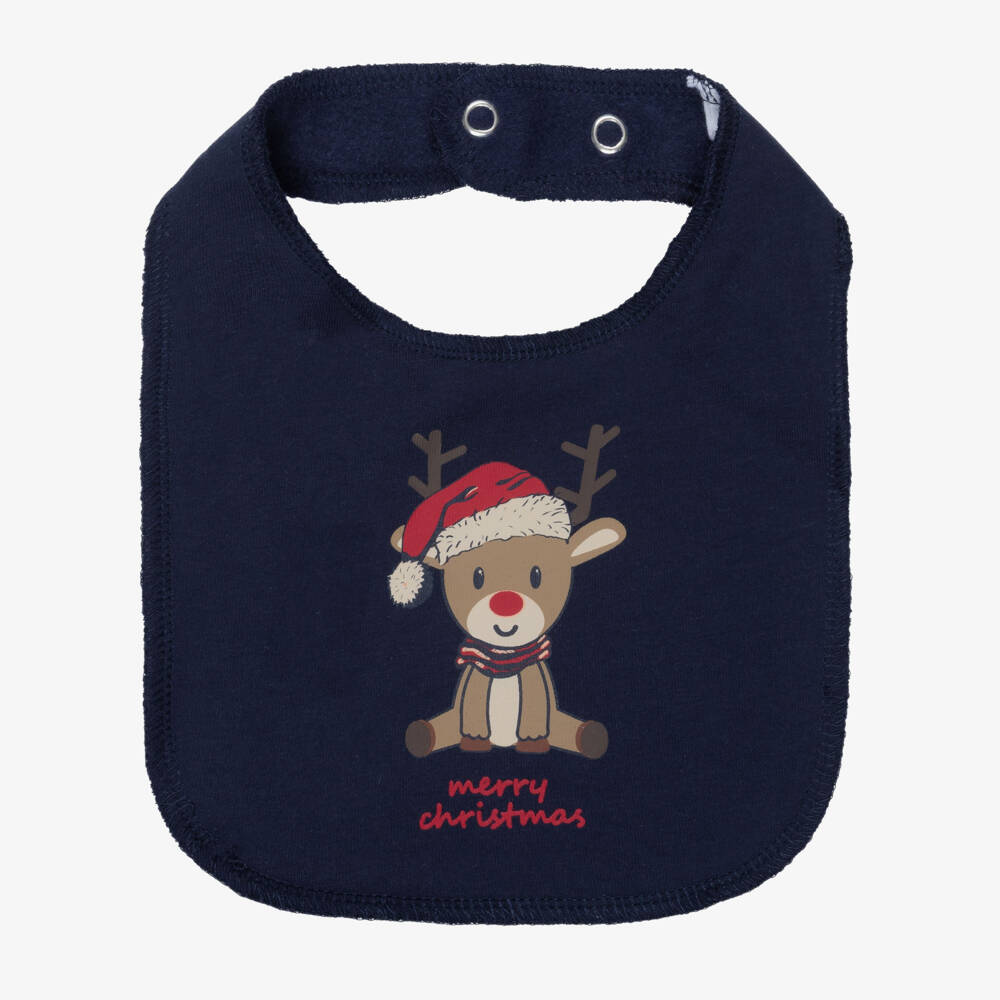 NAME IT-Navy Blue Organic Cotton Festive Reindeer Print Bib | Childrensalon