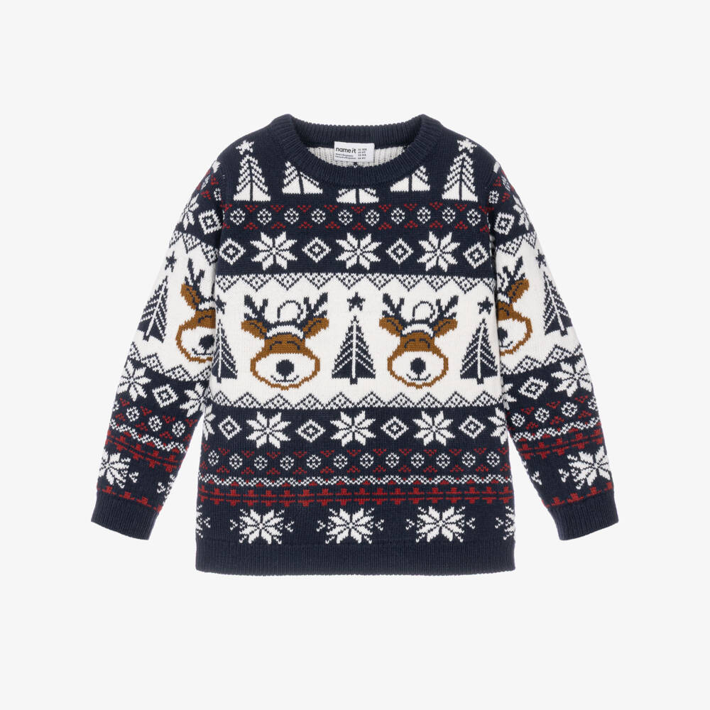 NAME IT-Navy Blue & White Christmas Fair Isle Sweater | Childrensalon