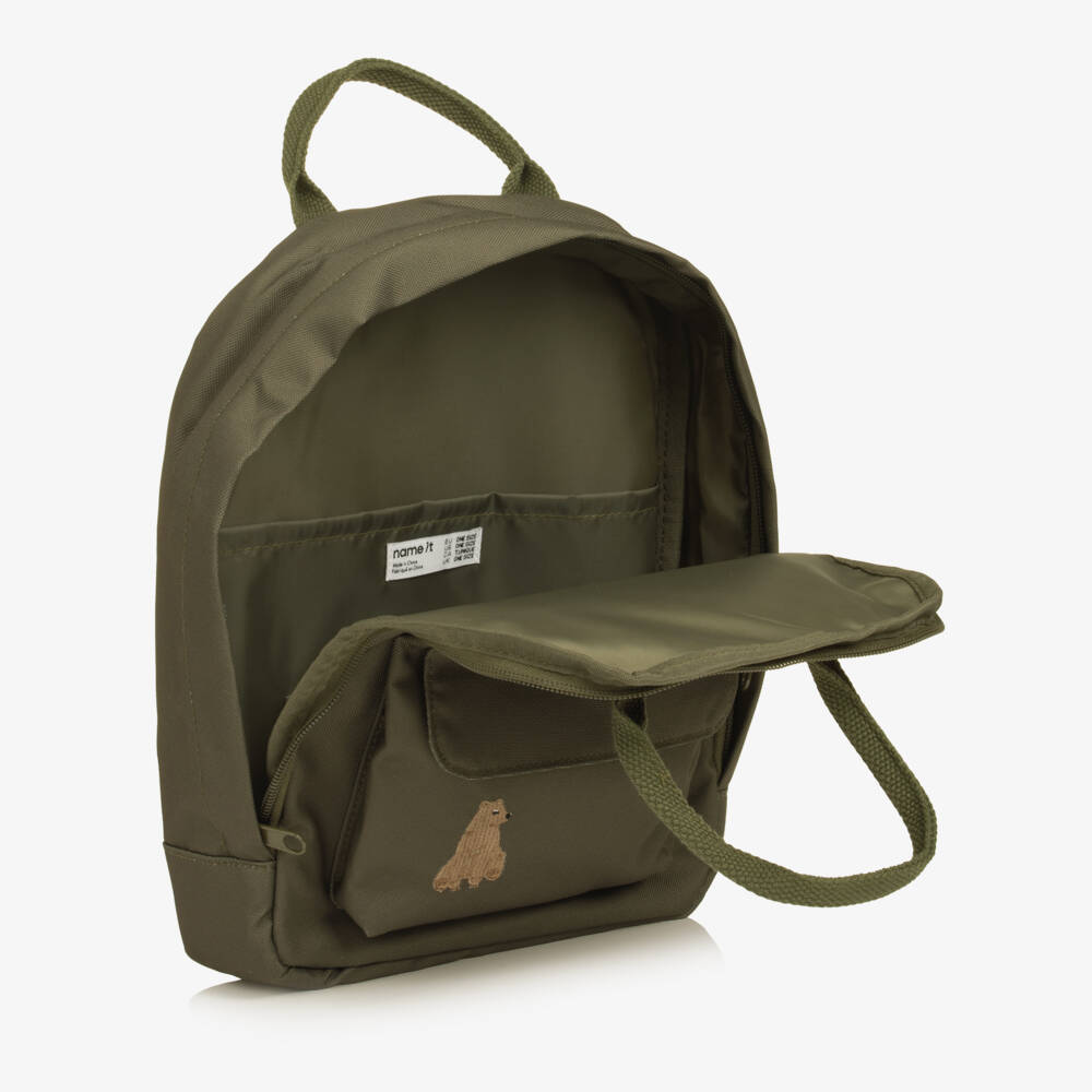 NAME IT-Olive Green Bear Mini Backpack (28cm) | Childrensalon