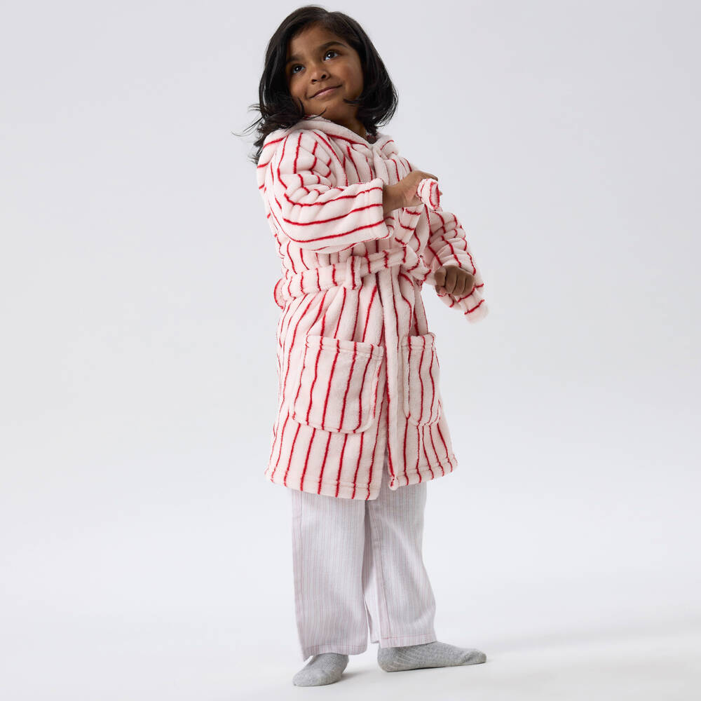NAME IT-Pale Pink Plush Dressing Gown with Red Stripes | Childrensalon