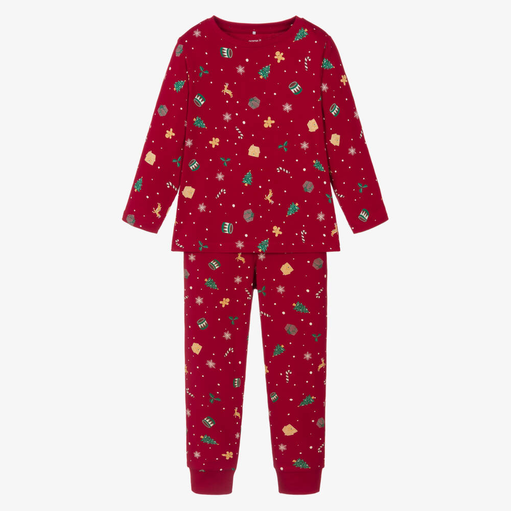 NAME IT-Red Cotton Jersey Festive Print Long Pyjamas | Childrensalon
