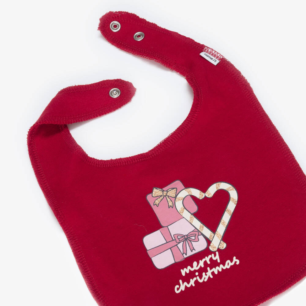 NAME IT-Red Organic Cotton Festive Candy Cane Print Bib | Childrensalon