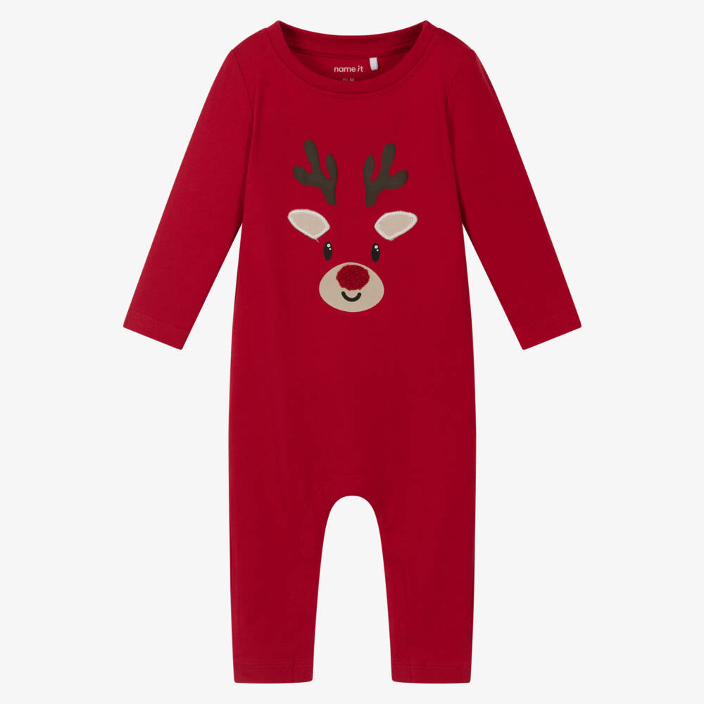 NAME IT-Red Organic Cotton Reindeer Romper | Childrensalon
