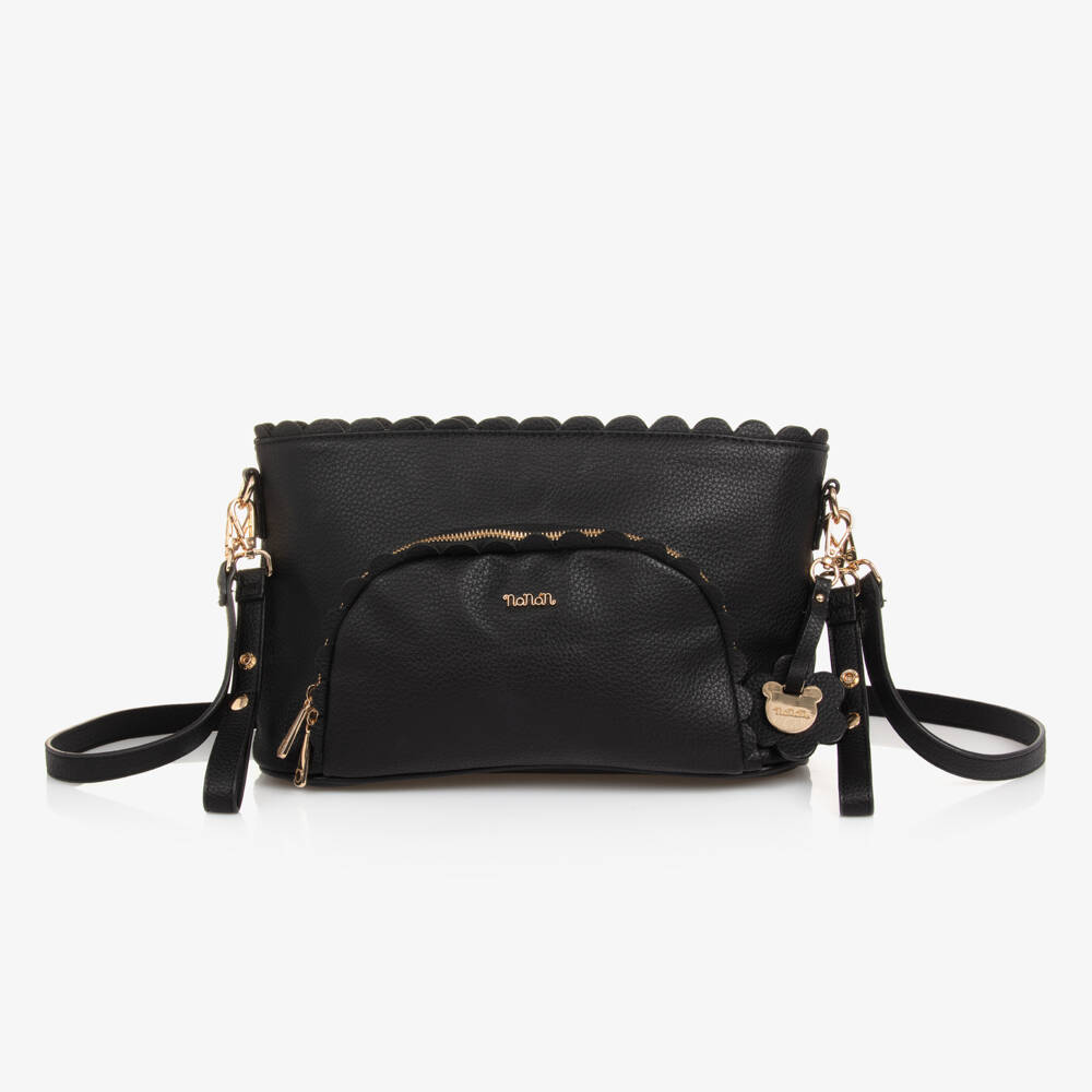 Nanán-Black Faux Leather Changing Bag With Scalloped Trims (38cm) | Childrensalon