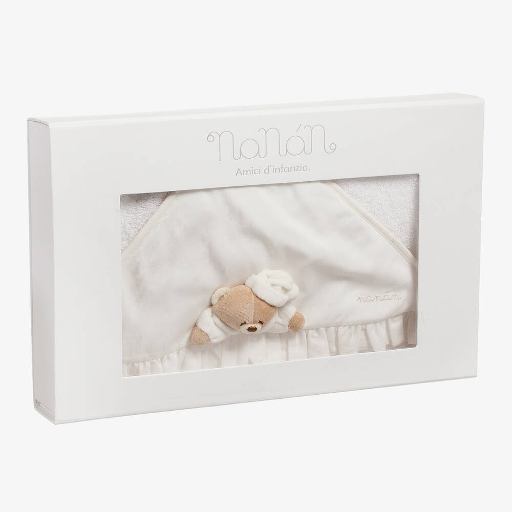 Nanán-White & Ivory Hooded Baby Towel (74cm) | Childrensalon
