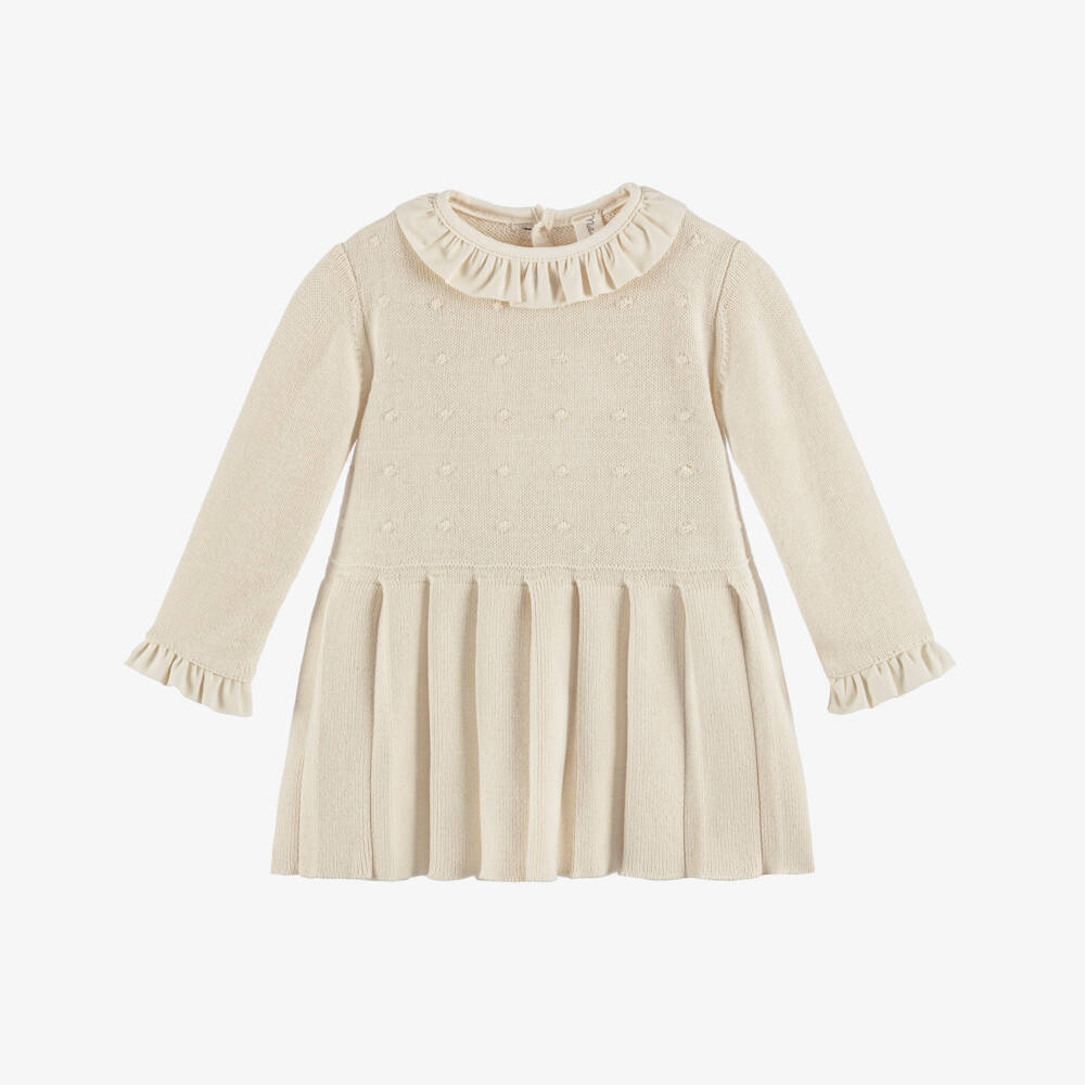 NaturaPura-Baby Girls Dark Ivory Organic Cotton Knit Pleated Dress | Childrensalon