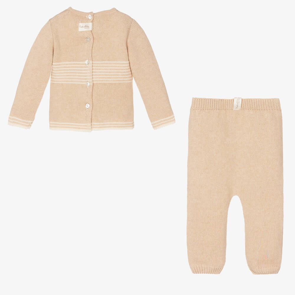 NaturaPura-Beige Knitted Cotton Trouser Set | Childrensalon