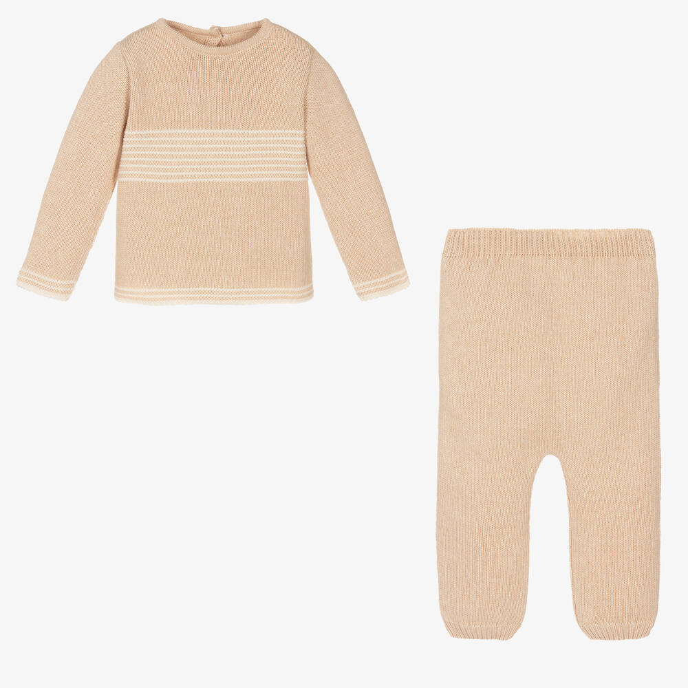 NaturaPura-Beige Knitted Cotton Trouser Set | Childrensalon